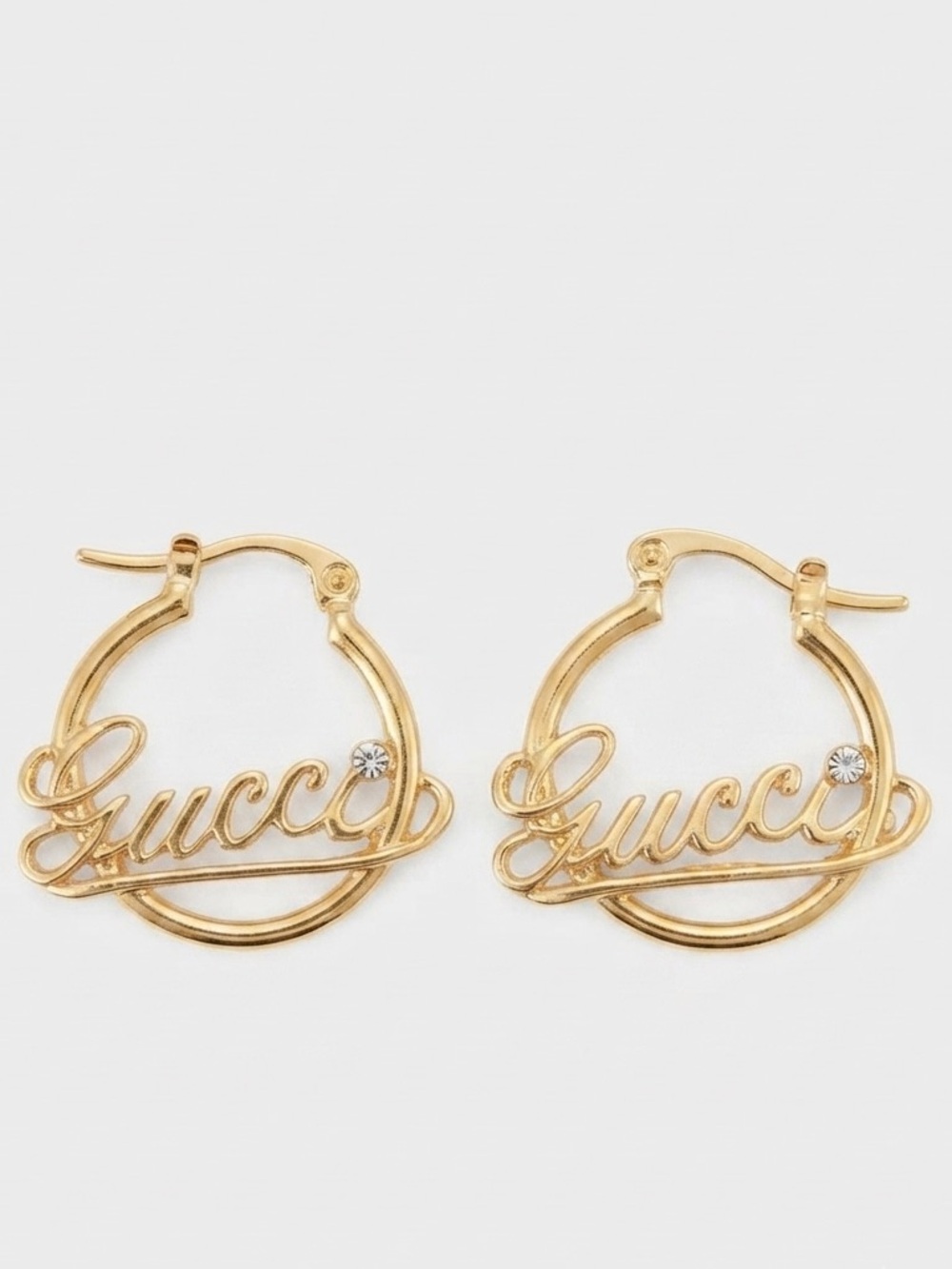 Gold Tone Script Hoop Earrings with Crystal Accent